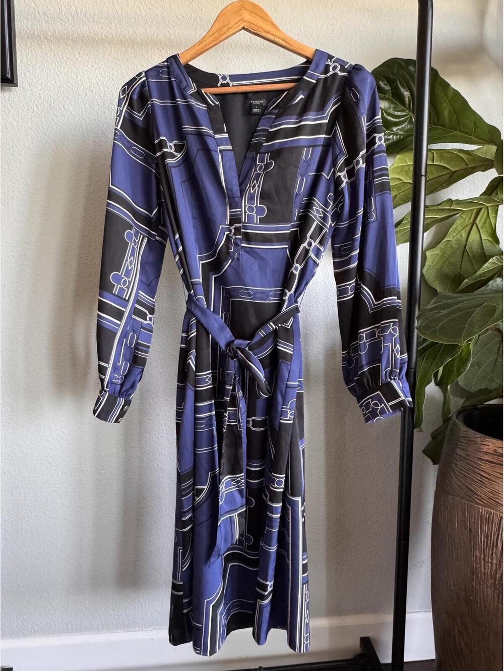 Ann Taylor Blue Black V-Neck Tie Front Long Sleeve Midi Dress Size S